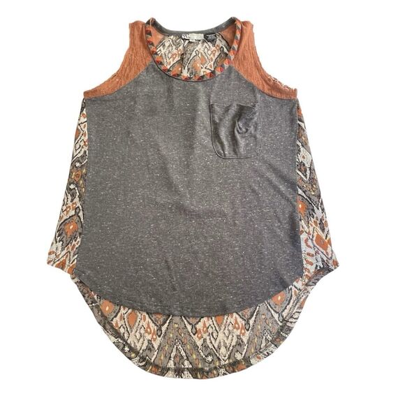 MISS ME Tank Top Hi Low Hemline Gray Linen Blend Boho Print Back Women’s S - Picture 1 of 6